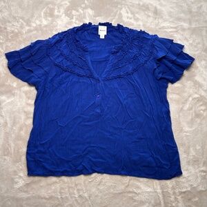 Anthropologie Maeve Short Sleeve Ruffle Yoke Short Sleeve Blouse Button Blue XL